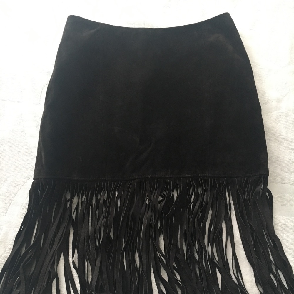 Dark brown suede mini with fringe